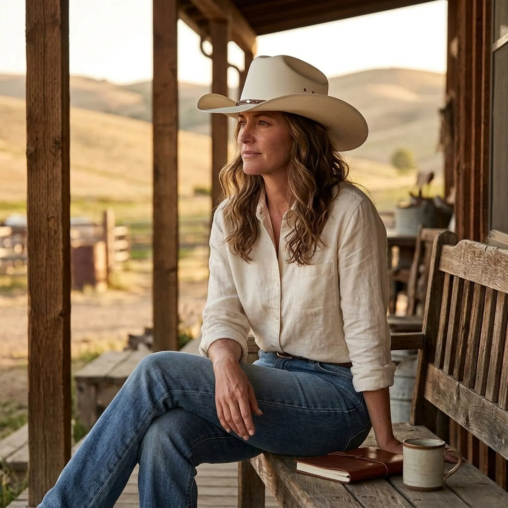Unisex White Straw Cowboy Hat with Diamond Concho Leather Band