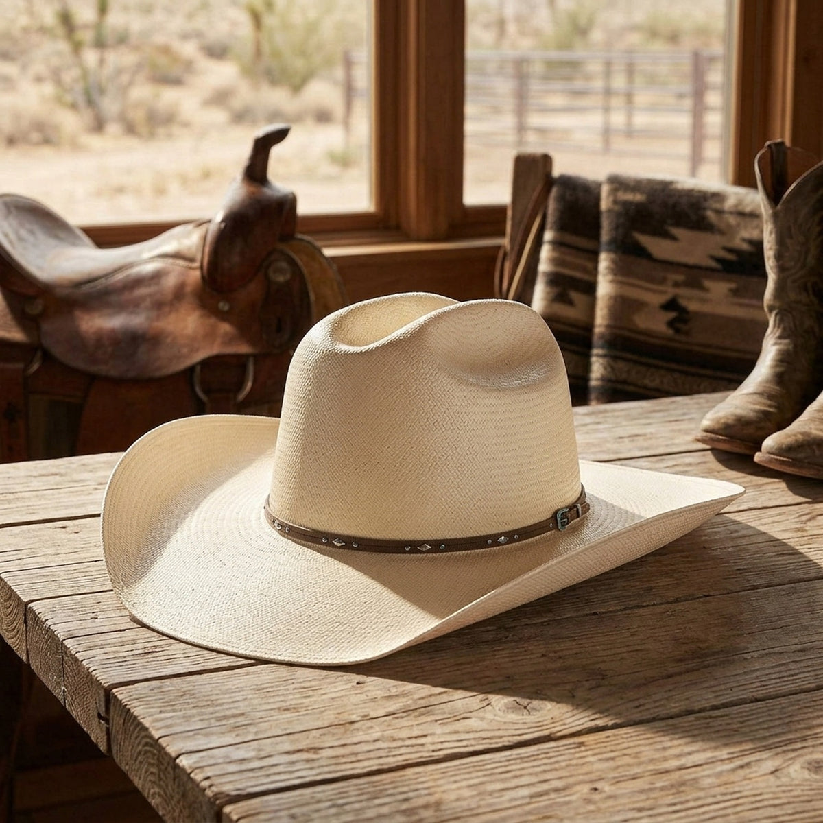 Cream Straw Cowboy Hat with Metallic Studded Slim Leather Band