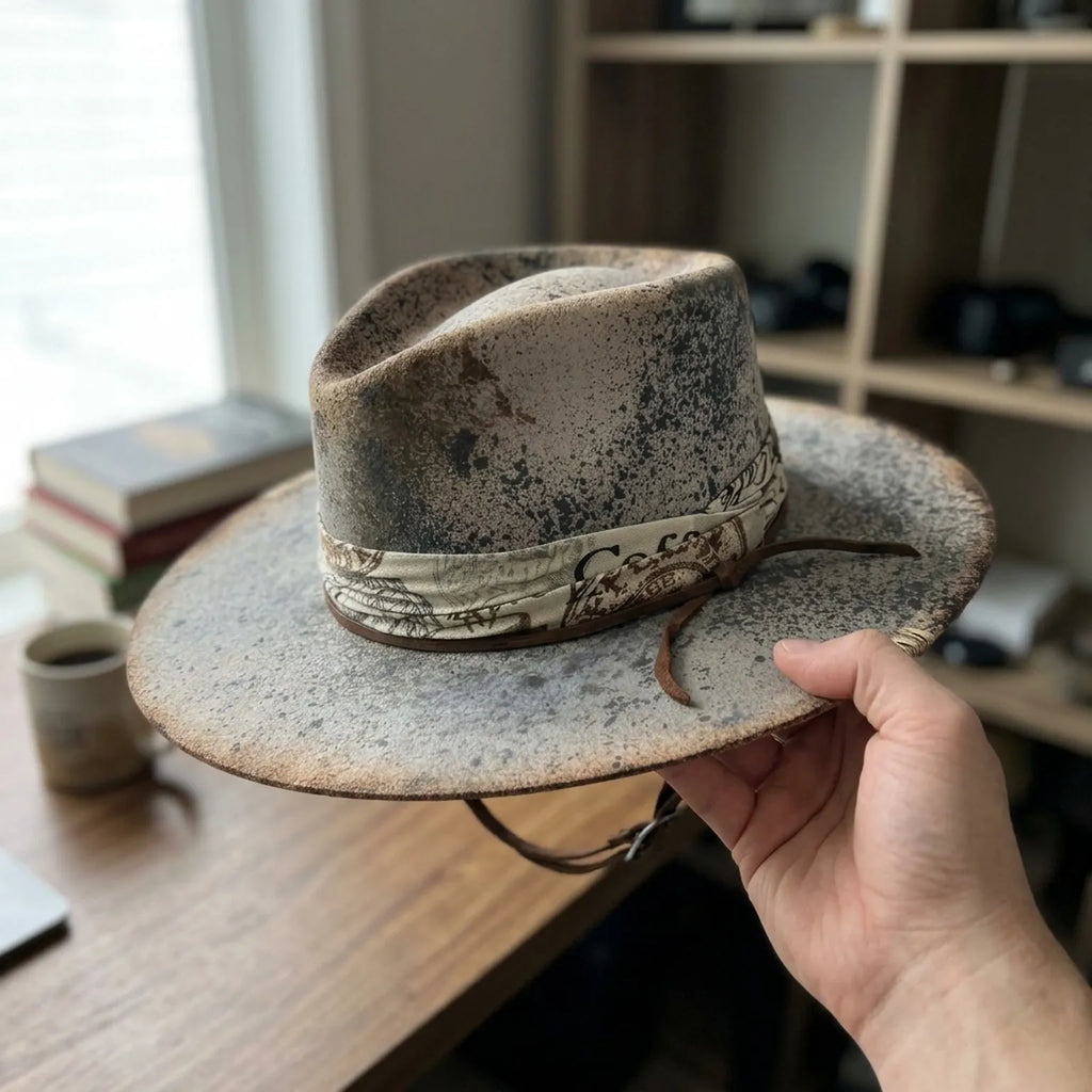 Distressed Gray Fedora with Map Band and Leather Chin Strap