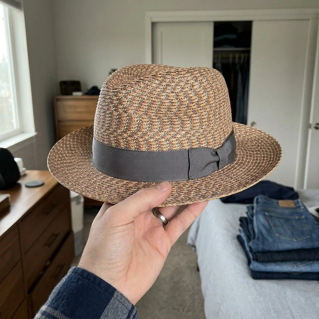 Multicolor Woven Straw Fedora with Herringbone Pattern Band