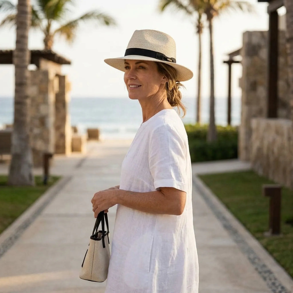 Off White Straw Fedora with Black Grosgrain Band, Classic Summer