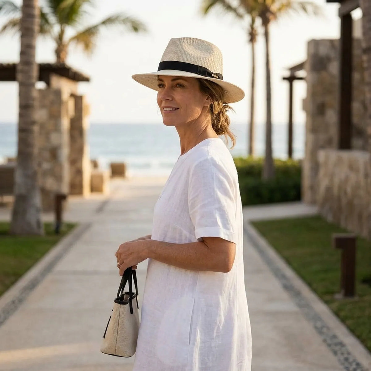Off White Straw Fedora with Black Grosgrain Band, Classic Summer