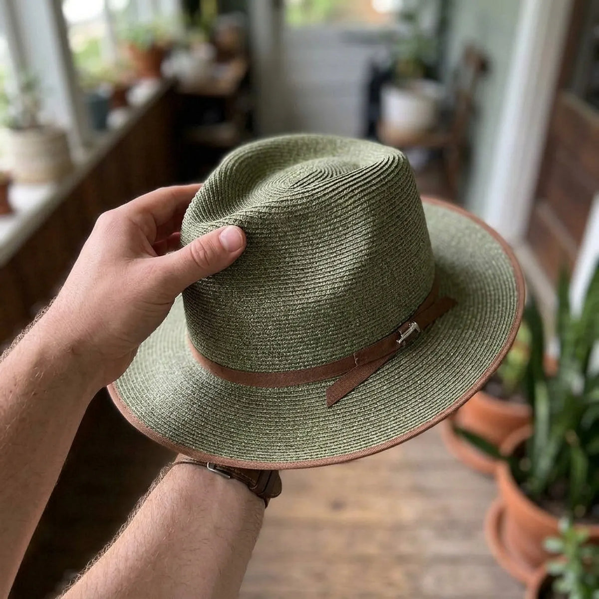 Sage Green Straw Fedora with Leather Buckle Detail
