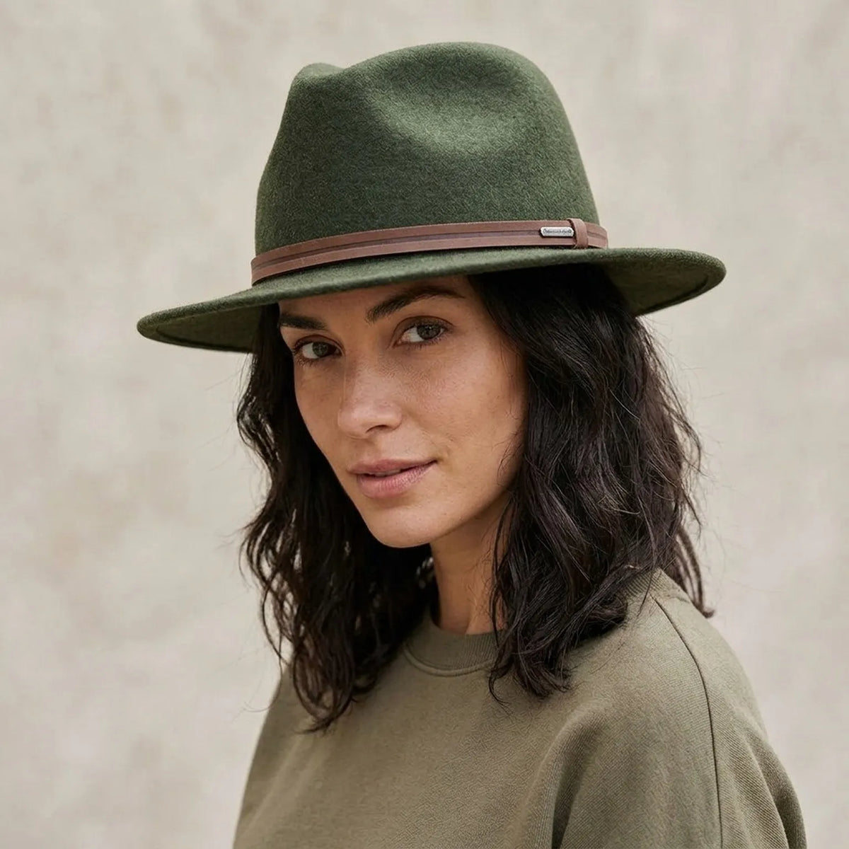 Forest Green Wool Felt Fedora with Brown Leather Band and Buckle