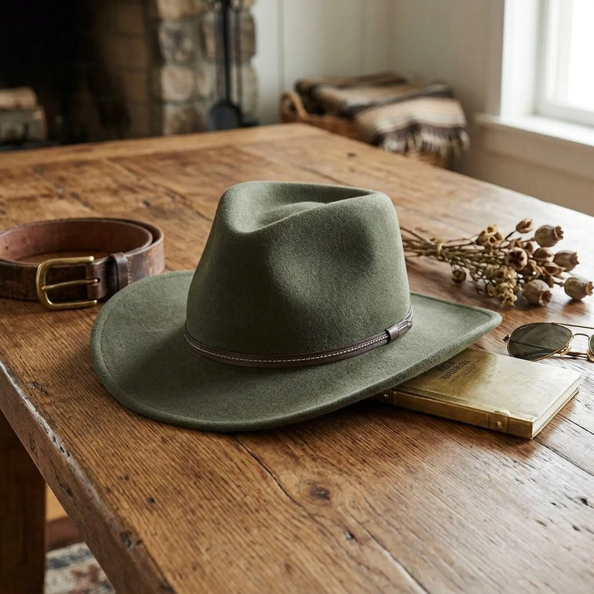 Olive Green Western Felt Hat with Stitched Leather Band