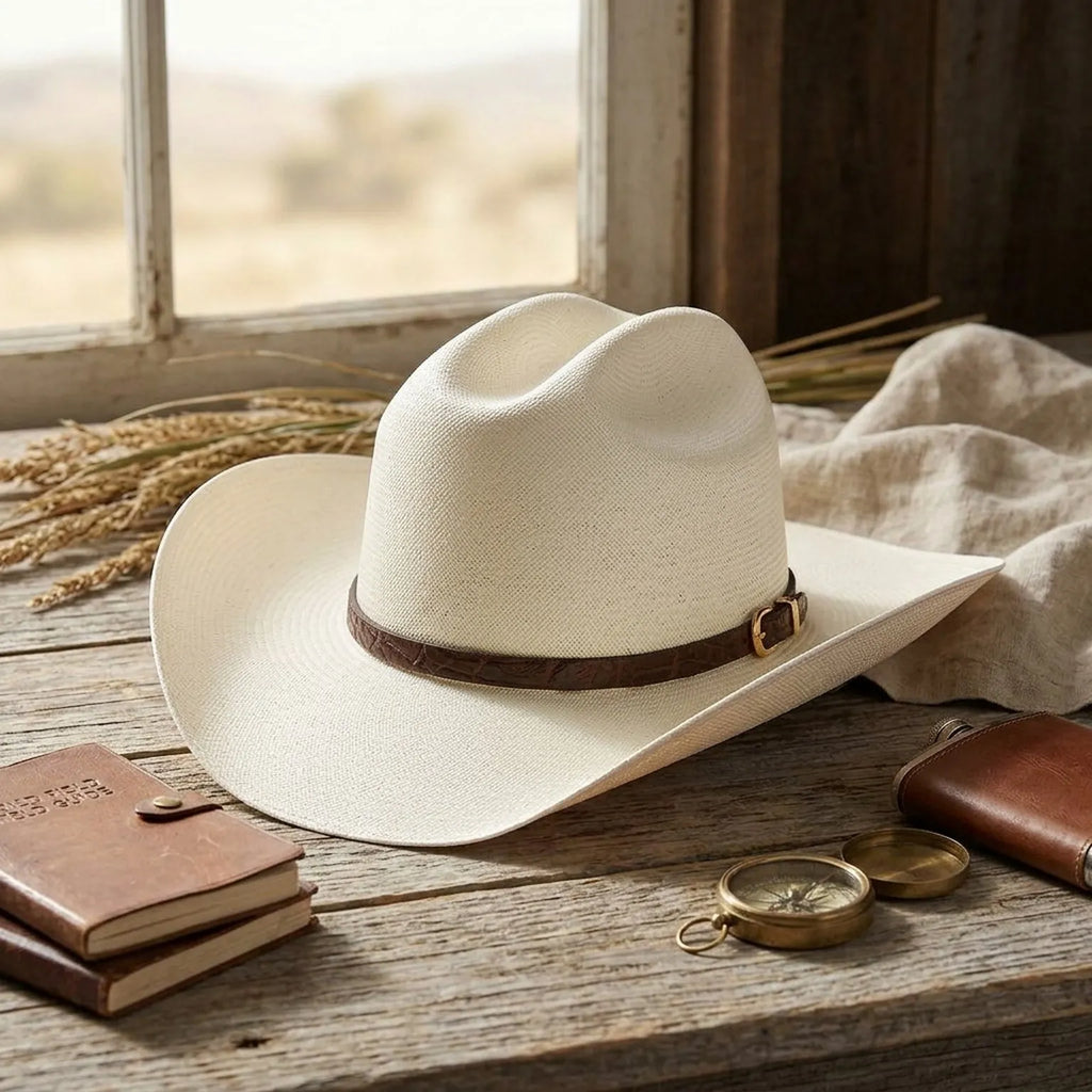 Ivory Straw Western Hat with Braided Brown Leather Band