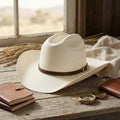 Ivory Straw Western Hat with Braided Brown Leather Band