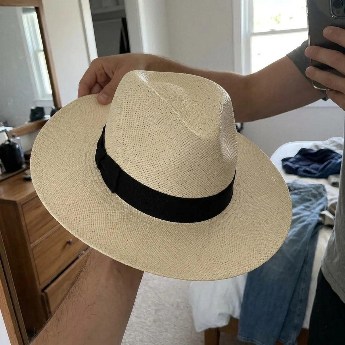 Cream Straw Fedora Hat with Black Grosgrain Band and Pinch Crown