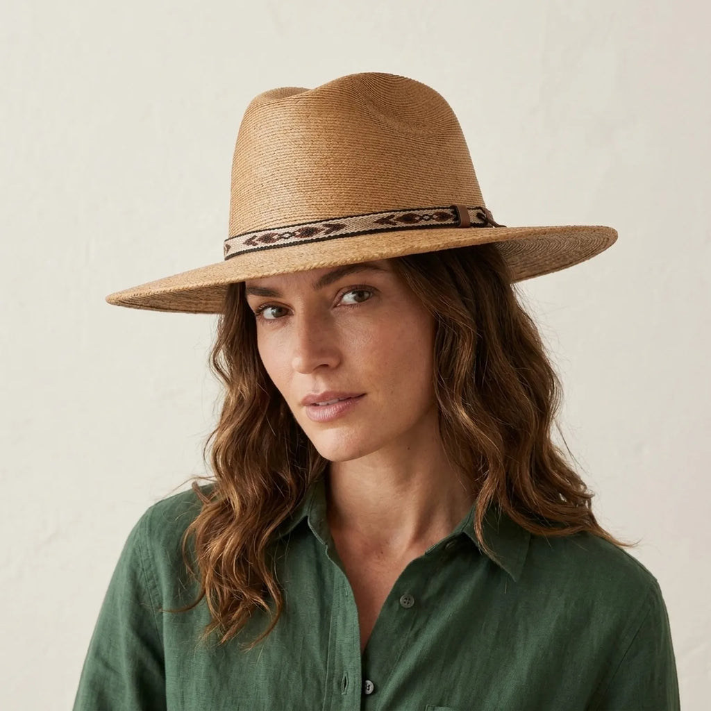 Copper Tan Straw Fedora with Woven Patterned Band, Southwestern Boho