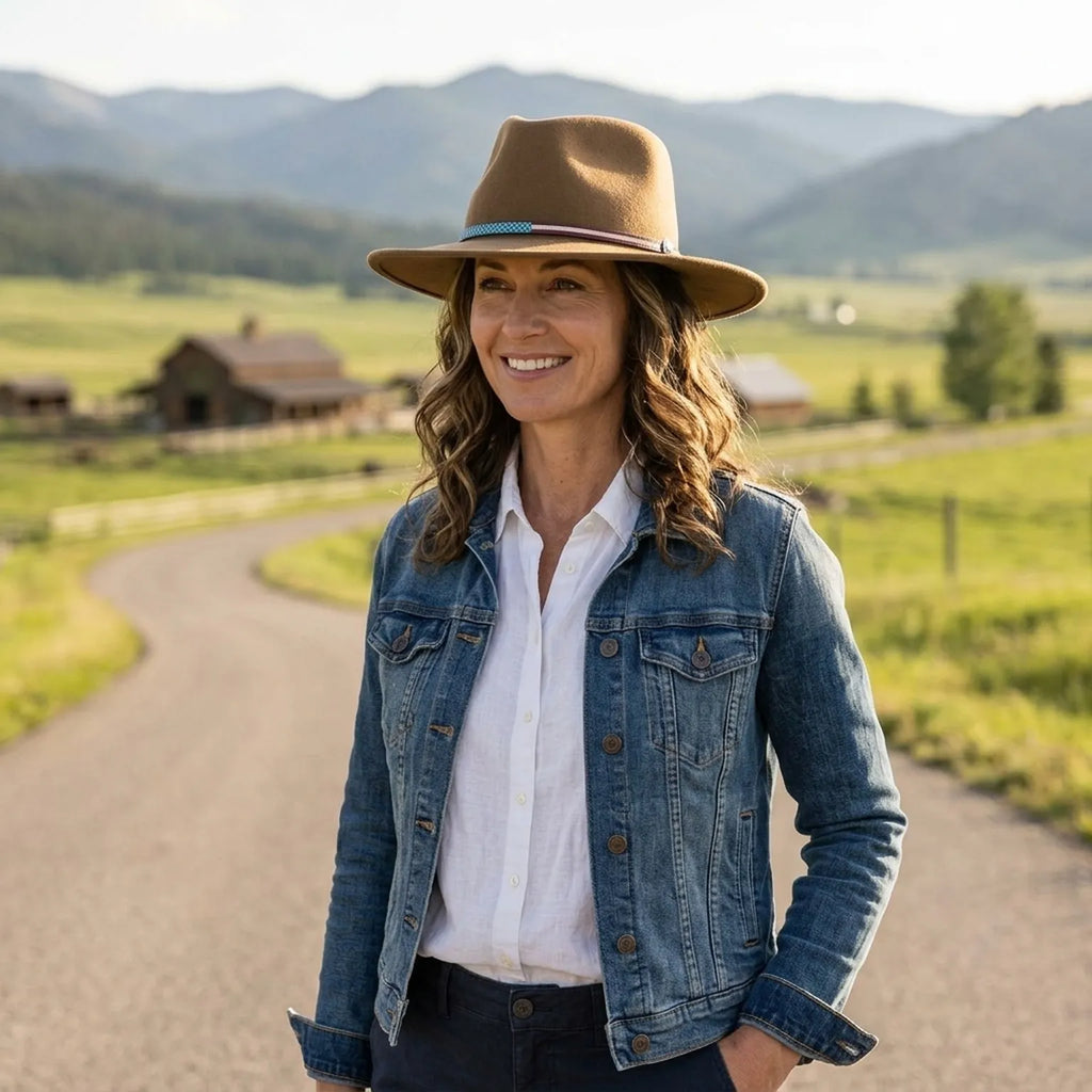 Camel Tan Felt Fedora with Turquoise Checkered Band, Festival Style