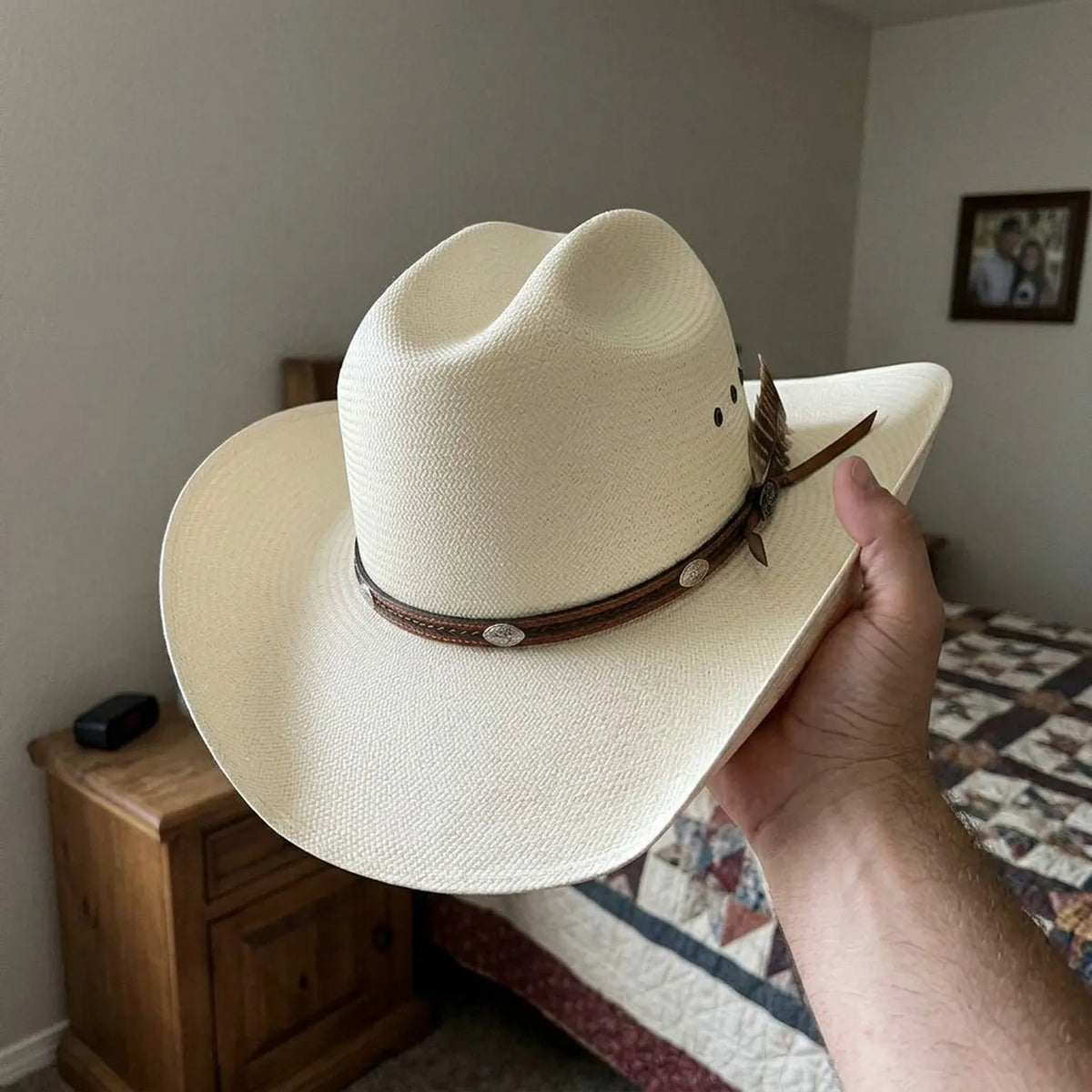 Unisex White Straw Cowboy Hat with Braided Leather Concho Band