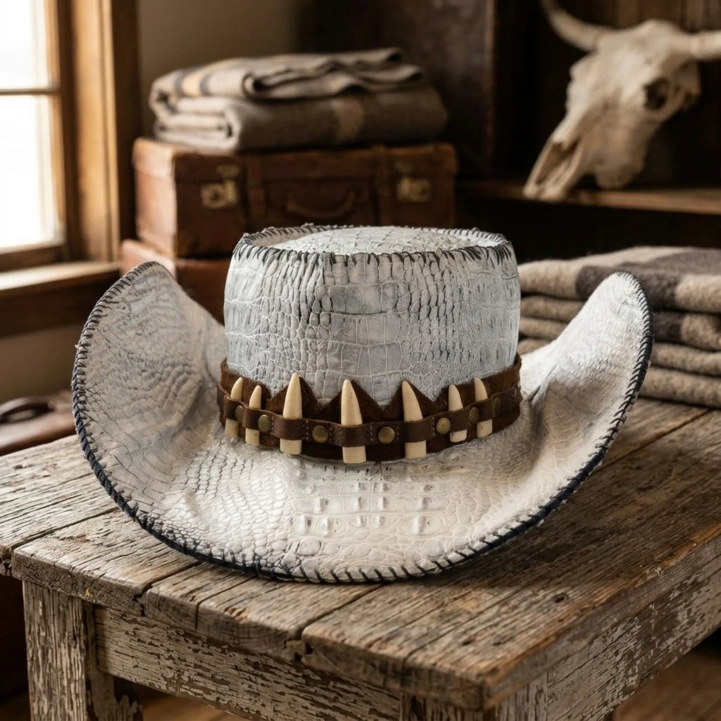 White Crocodile Cowboy Hat Tooth Stud Band Western Statement Hat