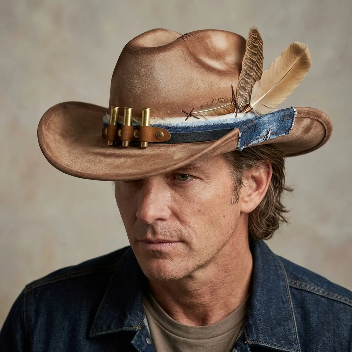 Brown Cowboy Hat with Bullet Cartridge Band and Denim Trim
