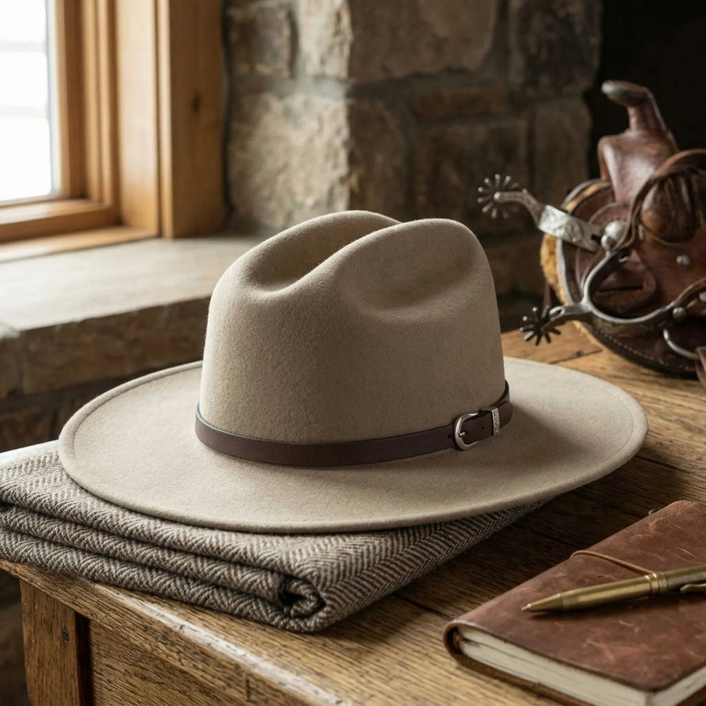 Camel Wool Felt Fedora with Brown Leather Band and Wide Flat Brim