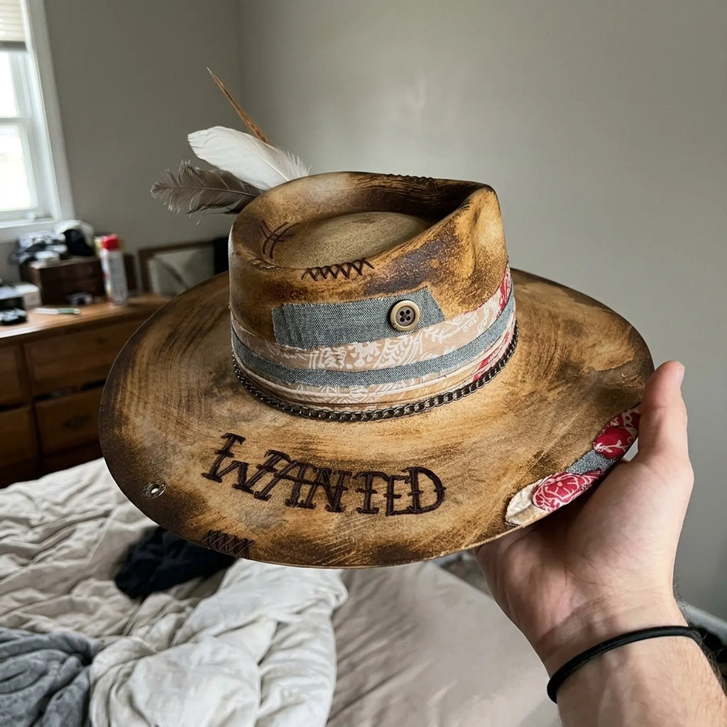 "Wanted" Tan Felt Western Hat with Patchwork Band and Feathers