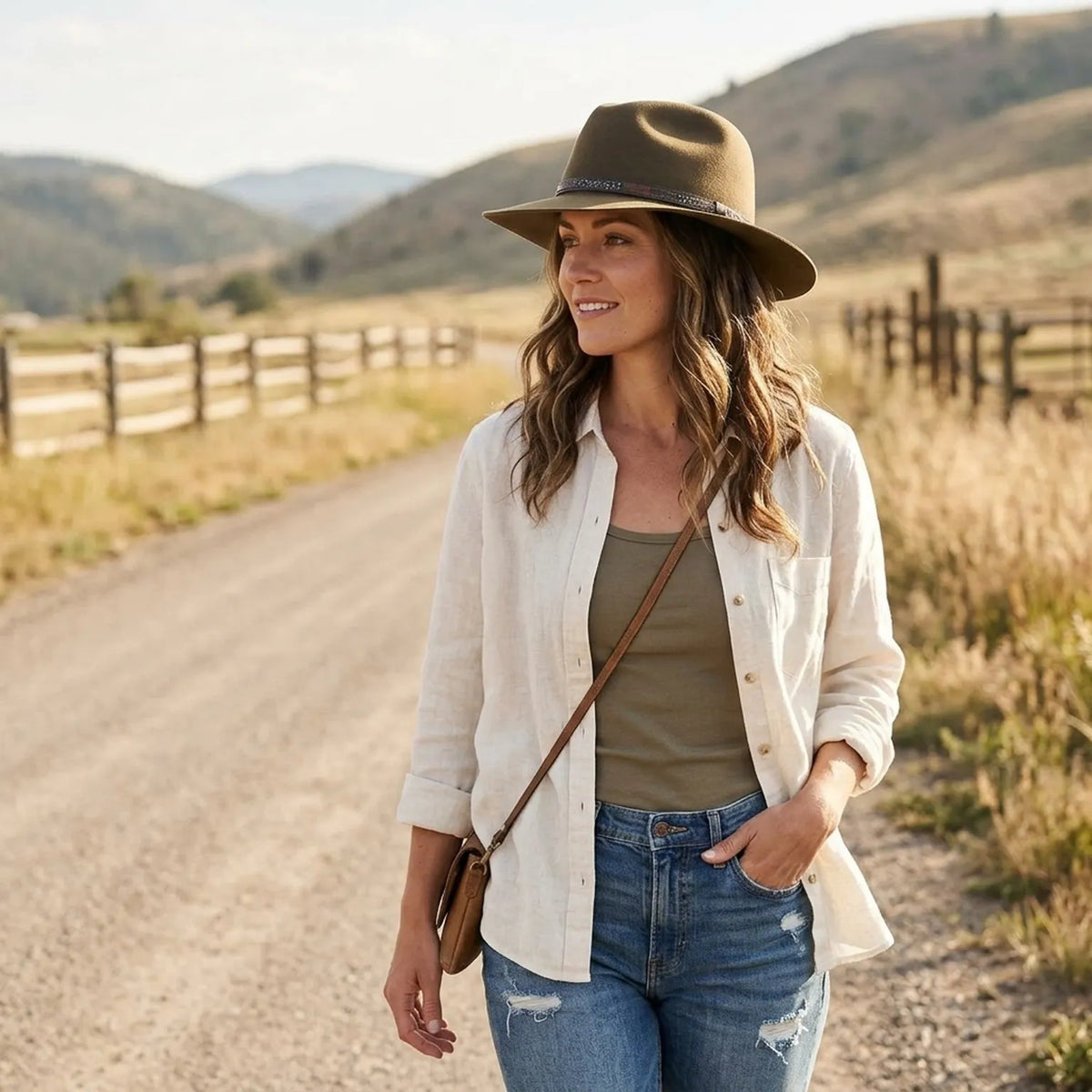 Olive Wool Felt Fedora with Textured Leather Band and Feather Trim
