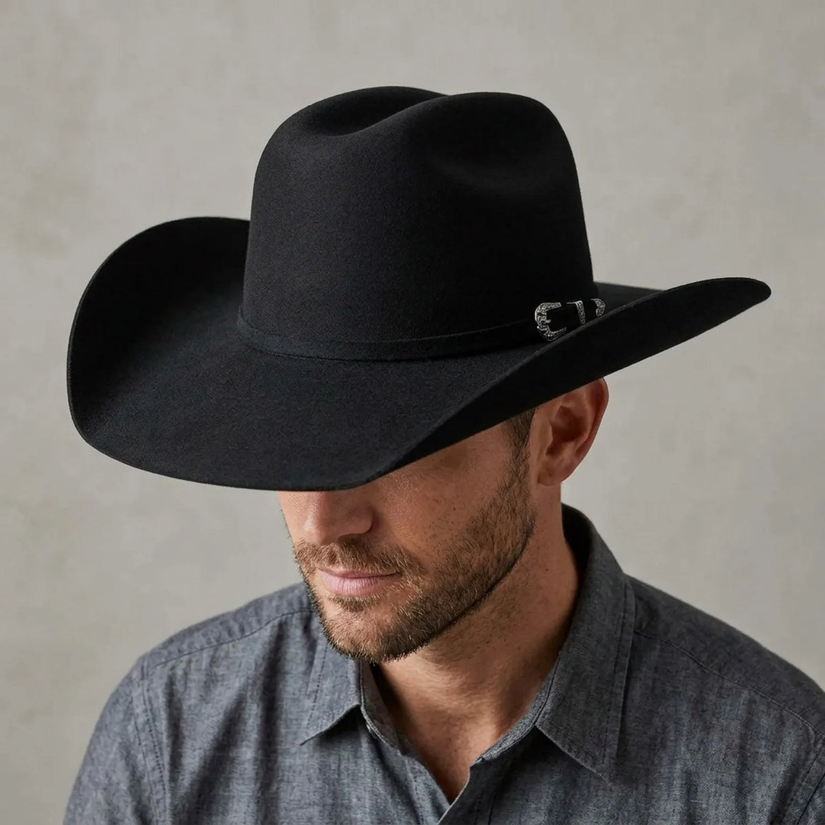 Unisex Black Wool Felt Cowboy Hat with Silver Charm Accent