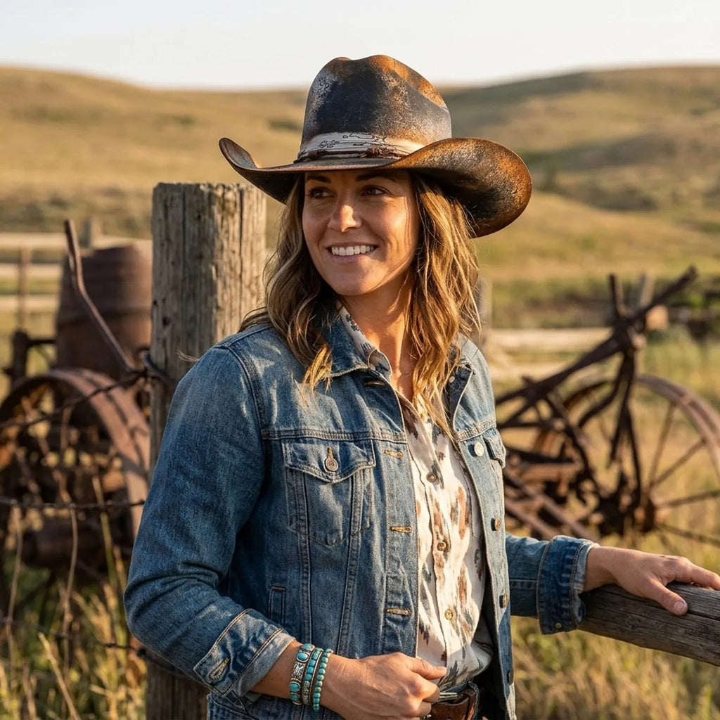 Distressed Rust Black Felt Western Hat with Bandana Wrap