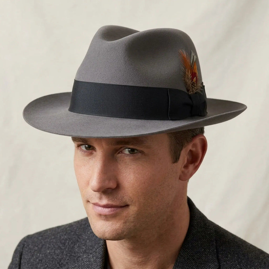 Gray Fedora With Black Band and Plumed Feather Detail