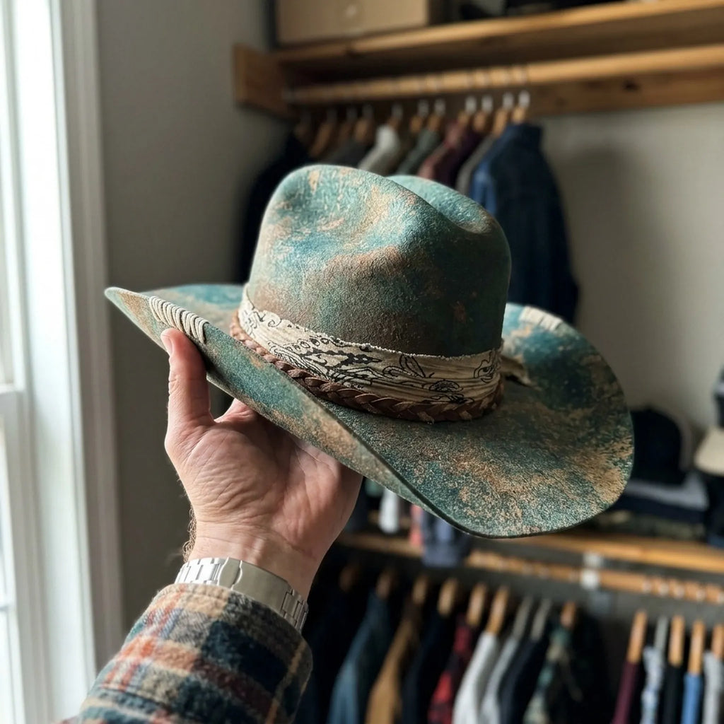 Aged Teal Cowboy Hat with Bandana and Braided Leather Band