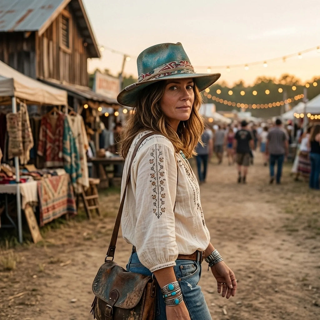 Distressed Teal Felt Western Hat with Patterned Band