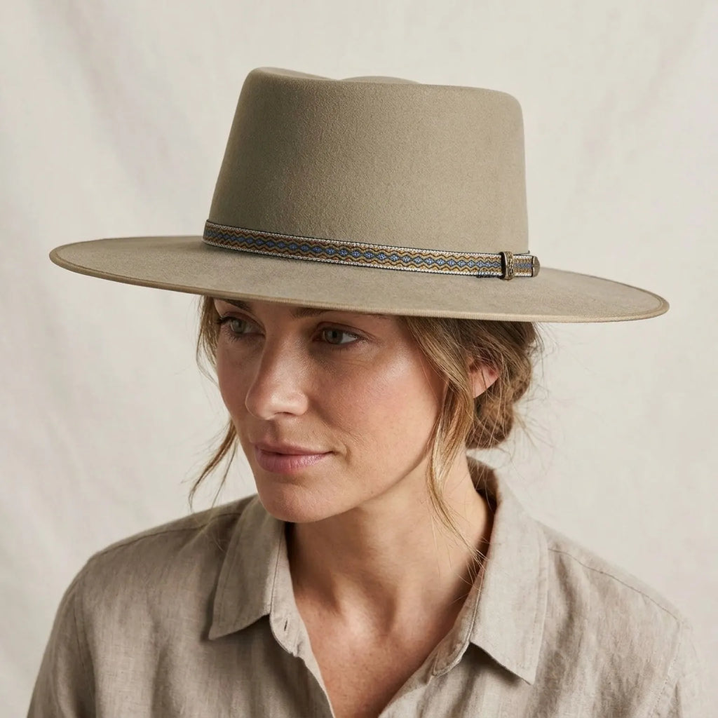 Taupe Wool Felt Fedora with Diamond Pattern Hatband and Wide Brim