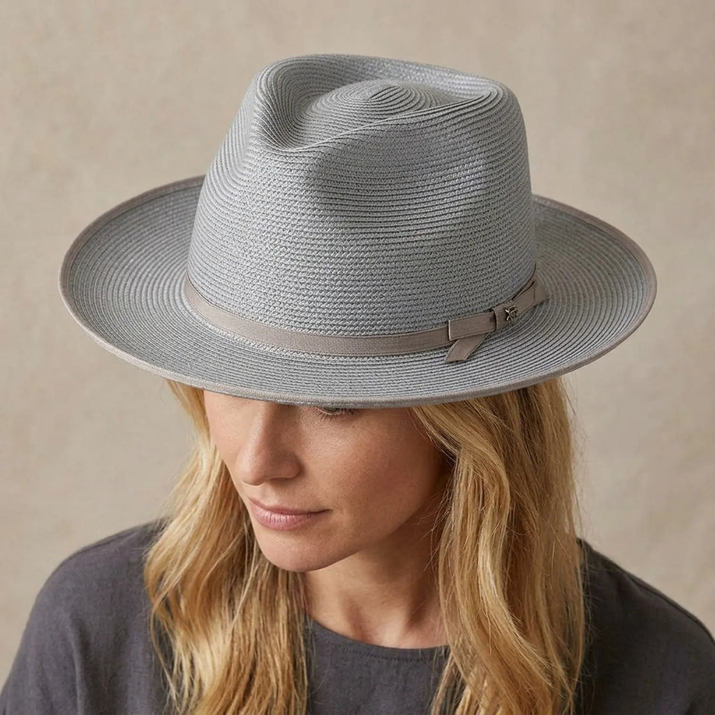 Light Gray Straw Fedora with Ribbon Band and Side Buckle