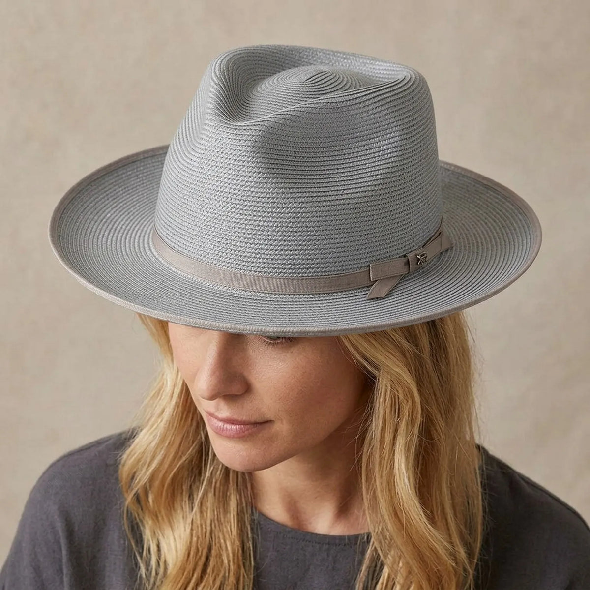 Light Gray Straw Fedora with Ribbon Band and Side Buckle