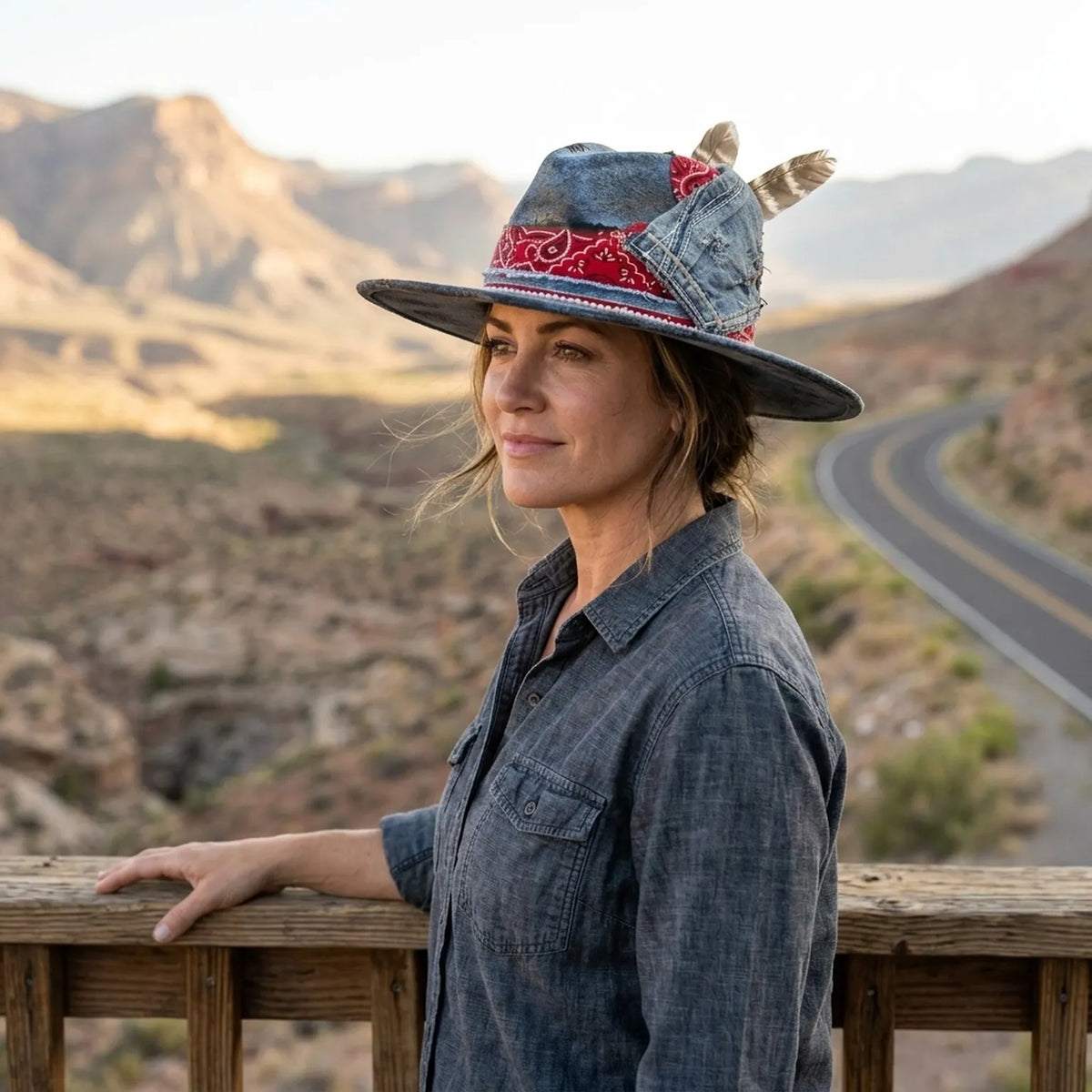 Blue Grey Distressed Felt Fedora with Denim Patch Bandana