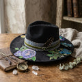 Black Painted Fedora with Perfume Bottle Art and Velvet Band