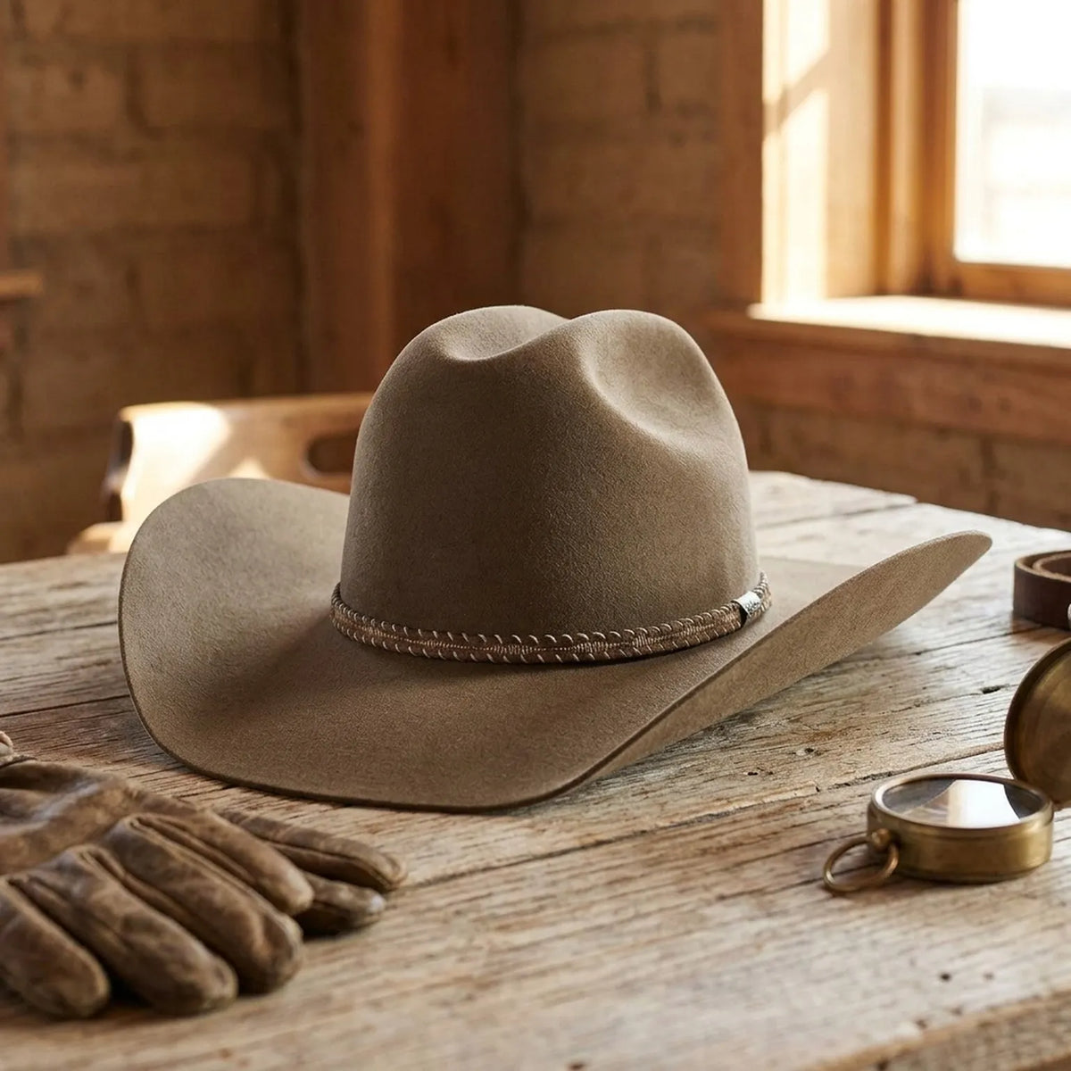 Unisex Tan Wool Felt Cowboy Hat with Braided Band