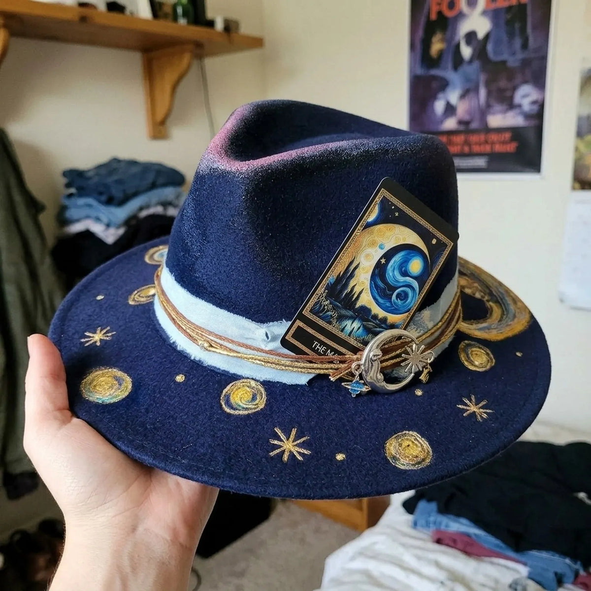 Navy Hand-Painted Starry Sky Fedora with Moon Charm Cluster