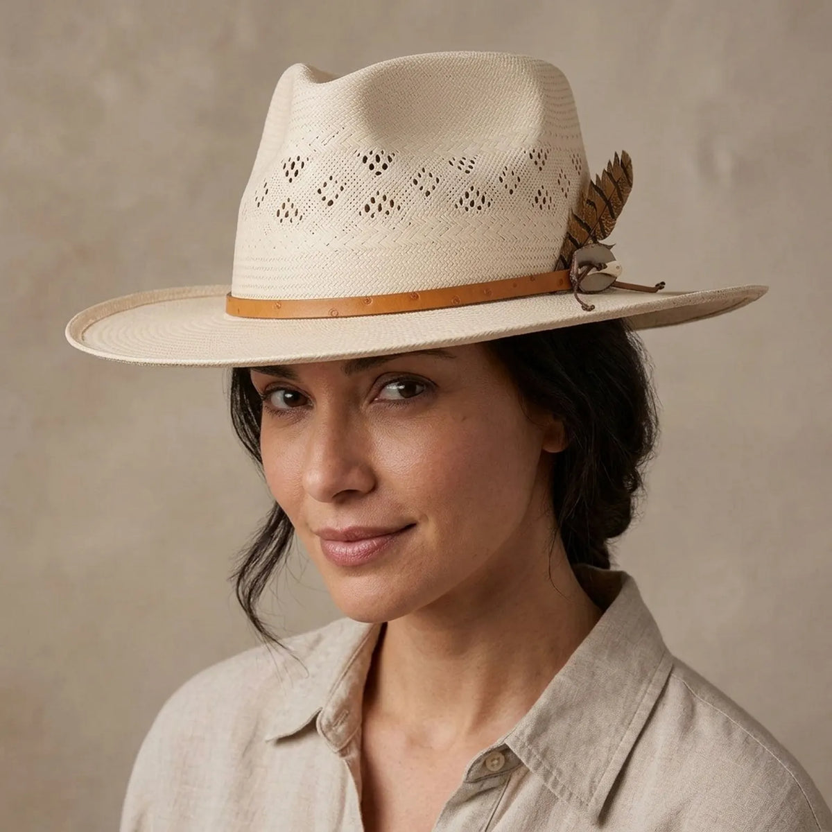 Ivory Straw Panama Hat with Perforated Crown and Feather Accent