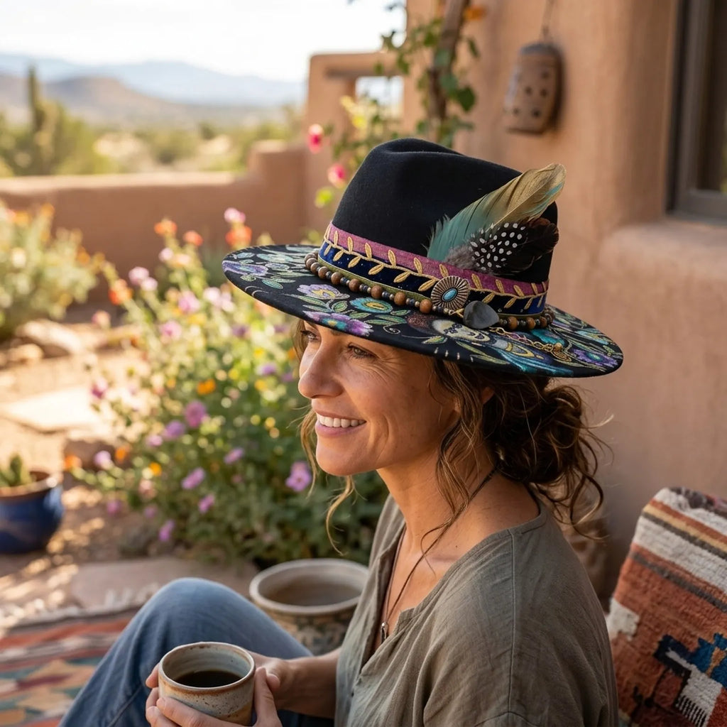 Hand-Painted Black Felt Western Hat with Floral Art and Beaded Band