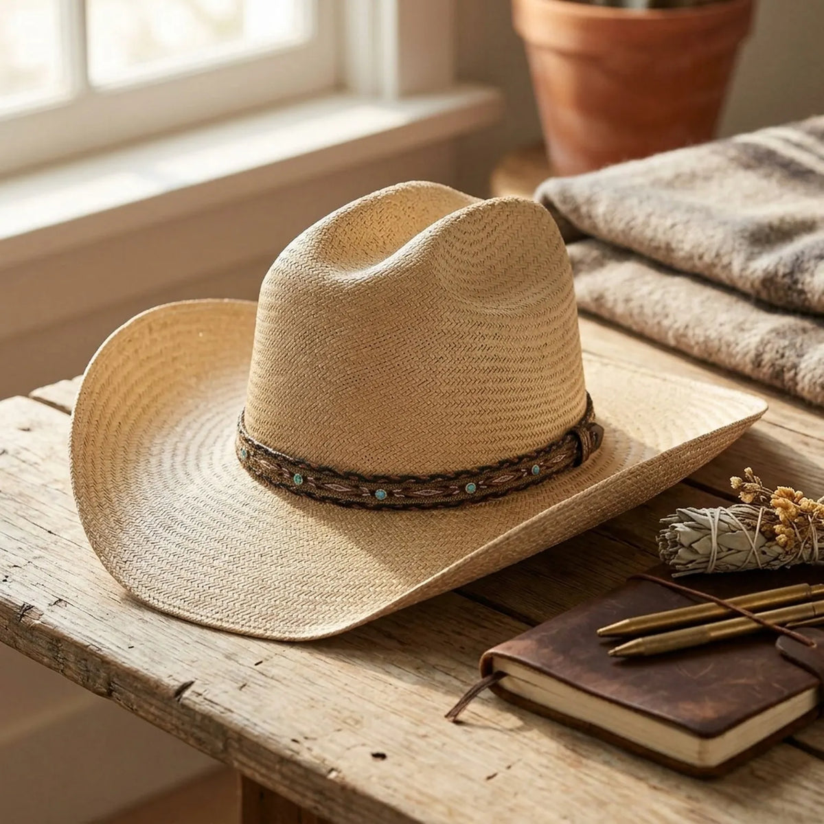 Natural Straw Cowboy Hat with Turquoise Beaded Leather Band