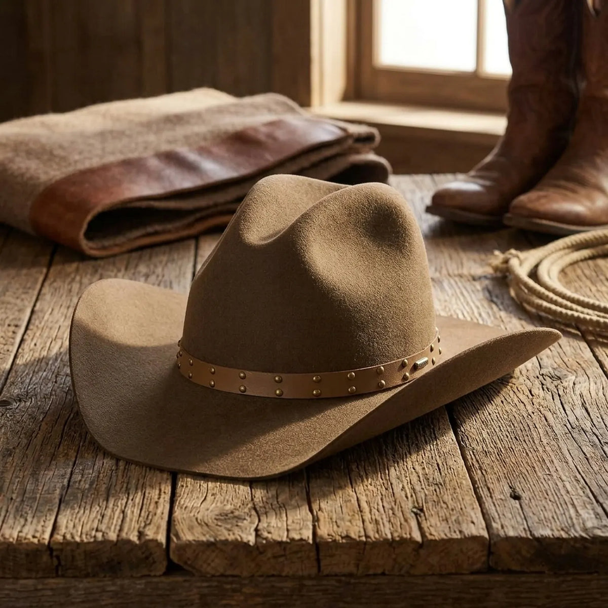 Unisex Brown Wool Felt Cowboy Hat with Studded Leather Band