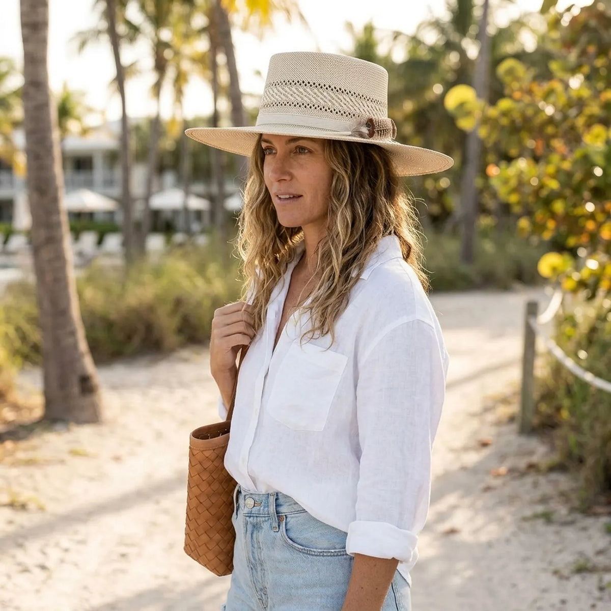 Natural Boater Straw Hat with Vented Crown and Feather
