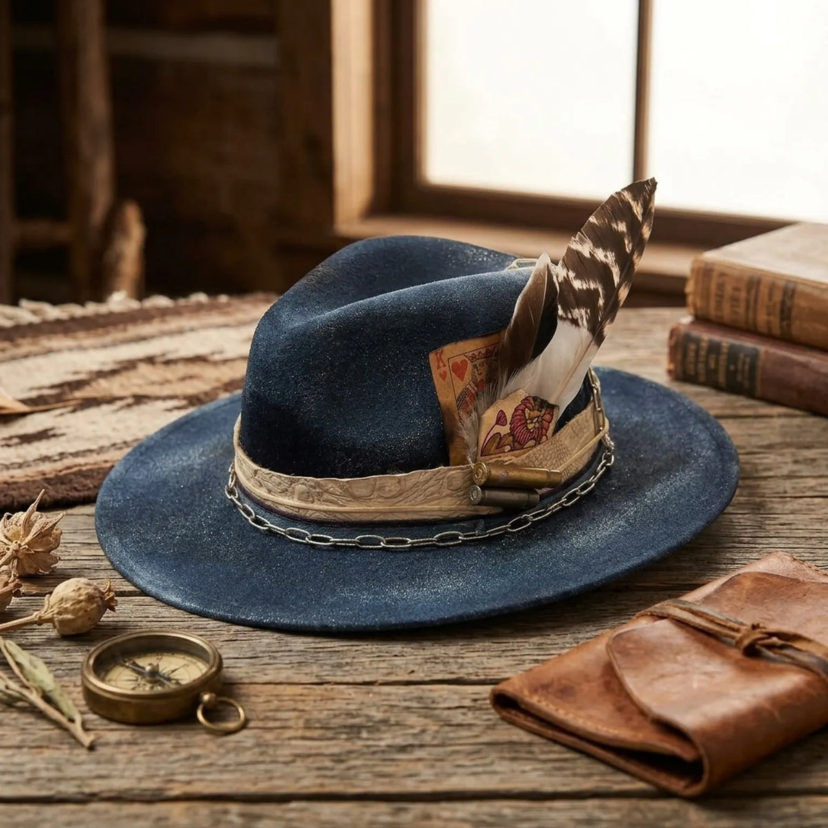 Navy Blue Fedora with Embossed Band, Chain and Playing Card