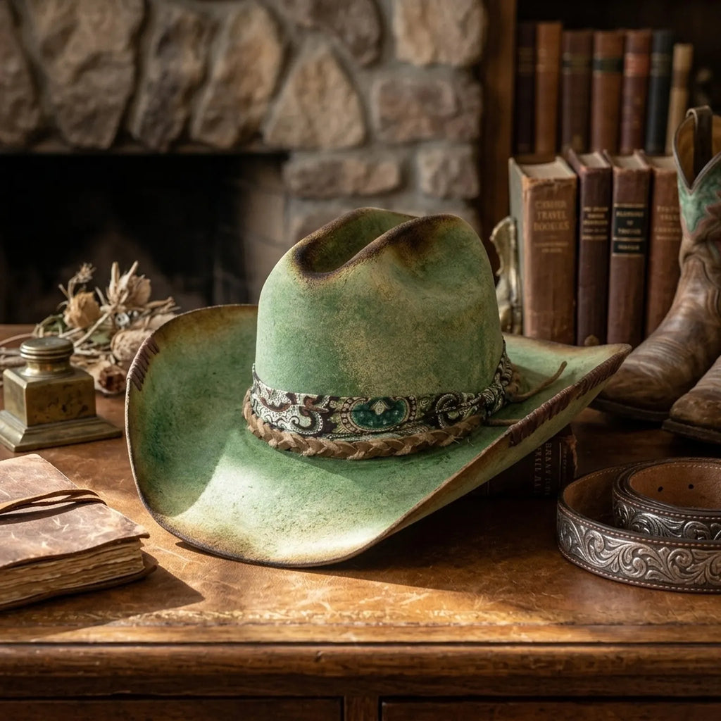 Green Distressed Cowboy Hat Paisley Band Braided Leather Western