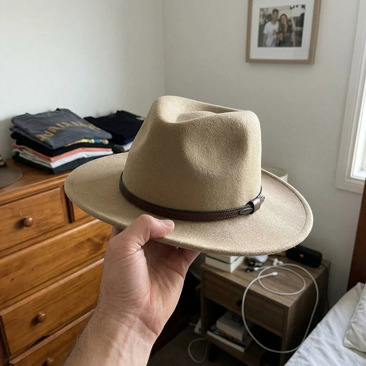 Tan Beige Felt Fedora Hat with Leather Band - Classic Style
