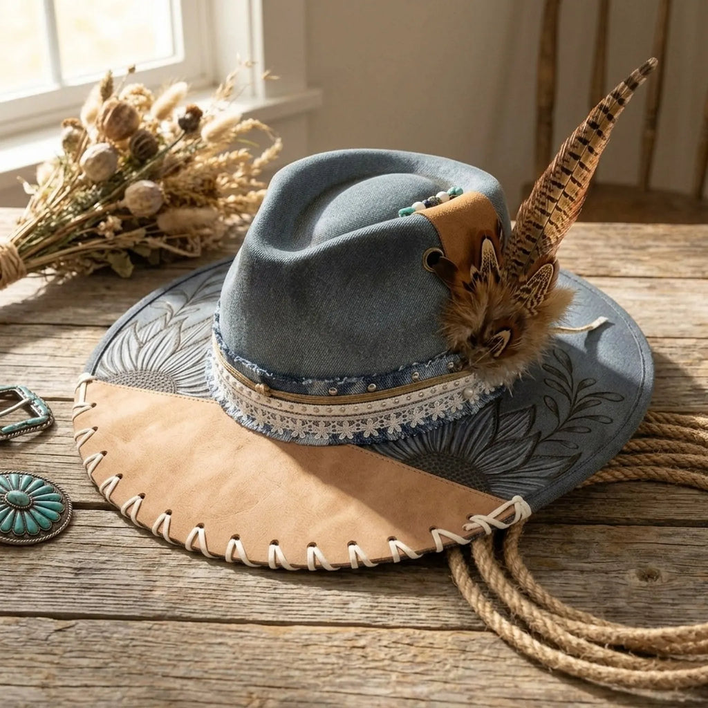 Teal Wide-Brim Western Hat with Leather Patch and Feather Cluster