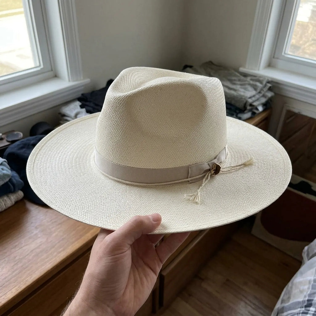 Cream Straw Fedora Hat with Tonal Grosgrain Band and Curved Brim
