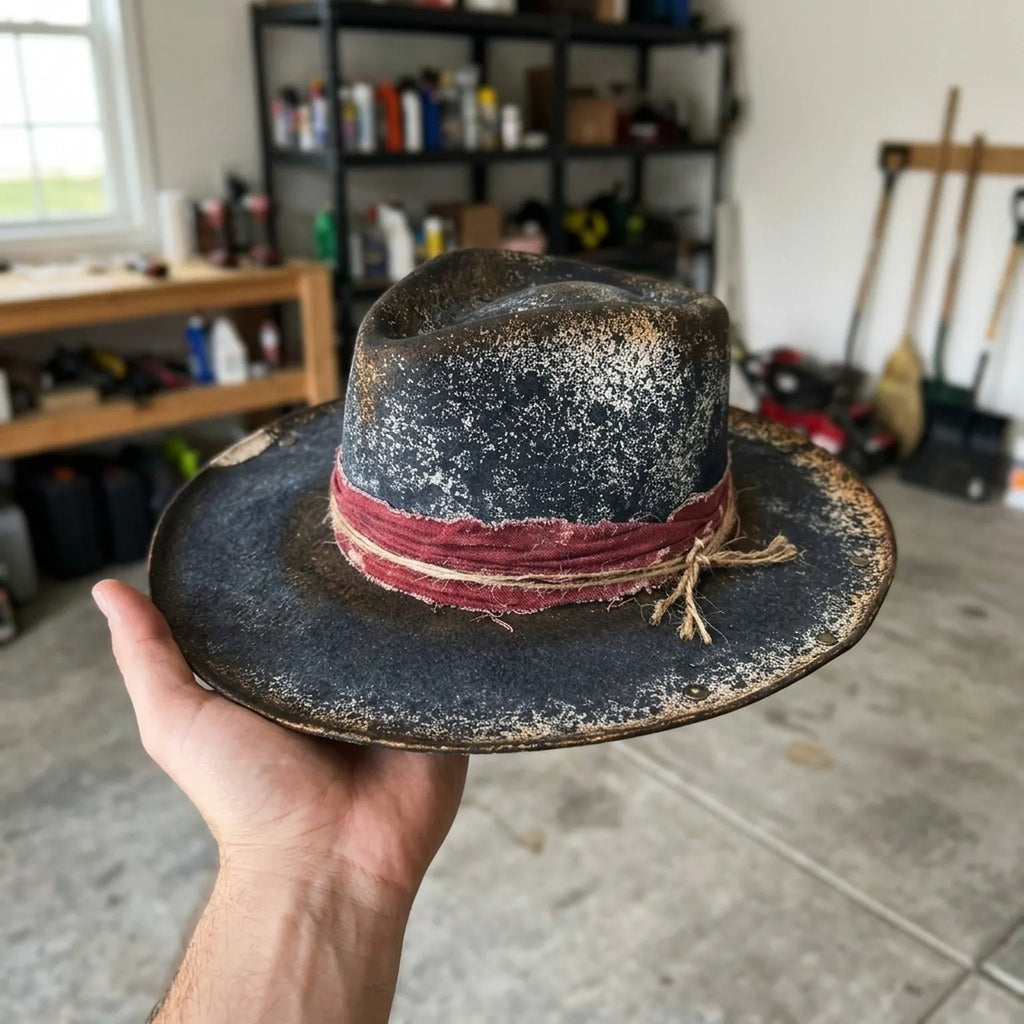 Distressed Black Felt Fedora with Burgundy Band and Metal Studs