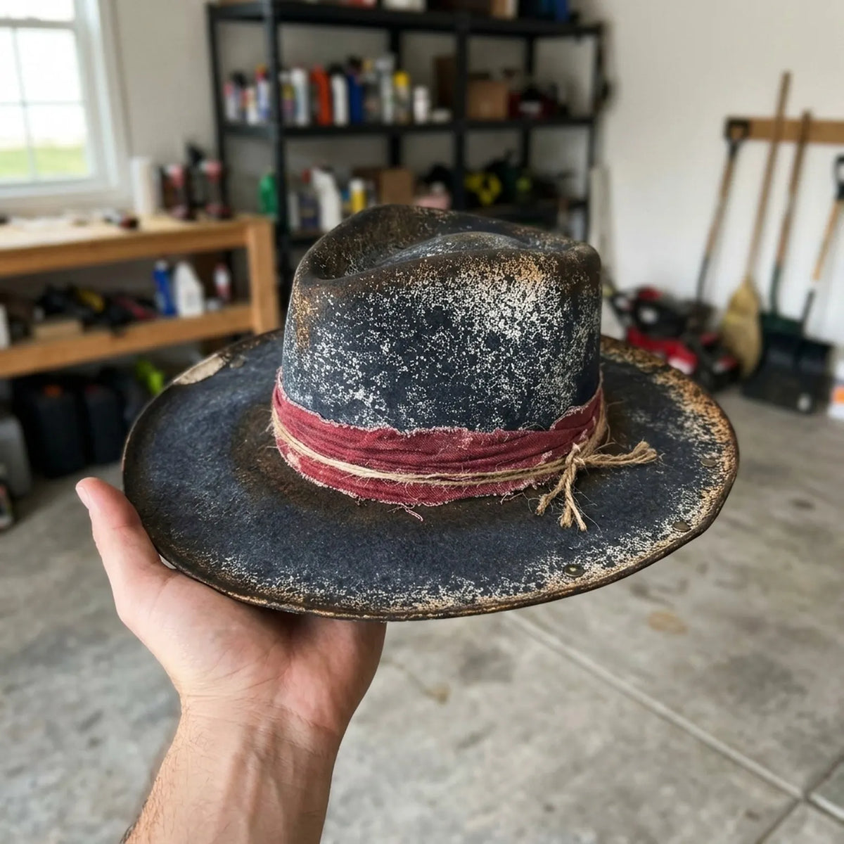 Distressed Black Felt Fedora with Burgundy Band and Metal Studs
