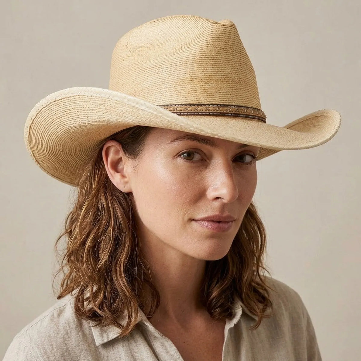 Natural Tan Raffia Western Hat with Contrast Stitched Band