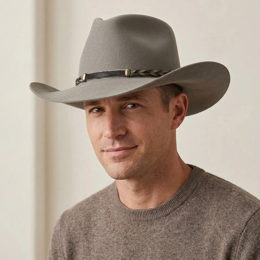 Grey Wool Felt Cowboy Hat with Braided Leather Band Trim