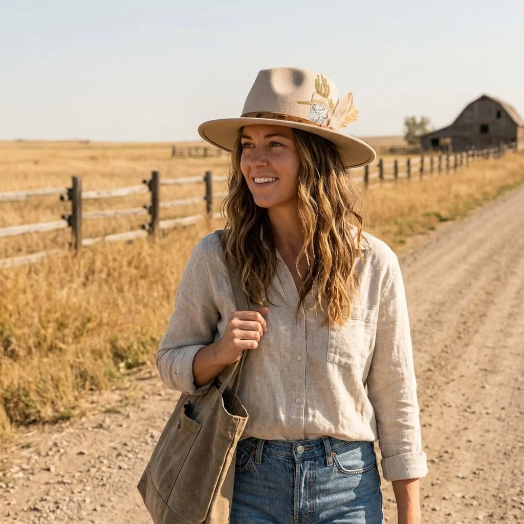 Beige Fedora with Cactus Skull Embroidery and Feather Accent