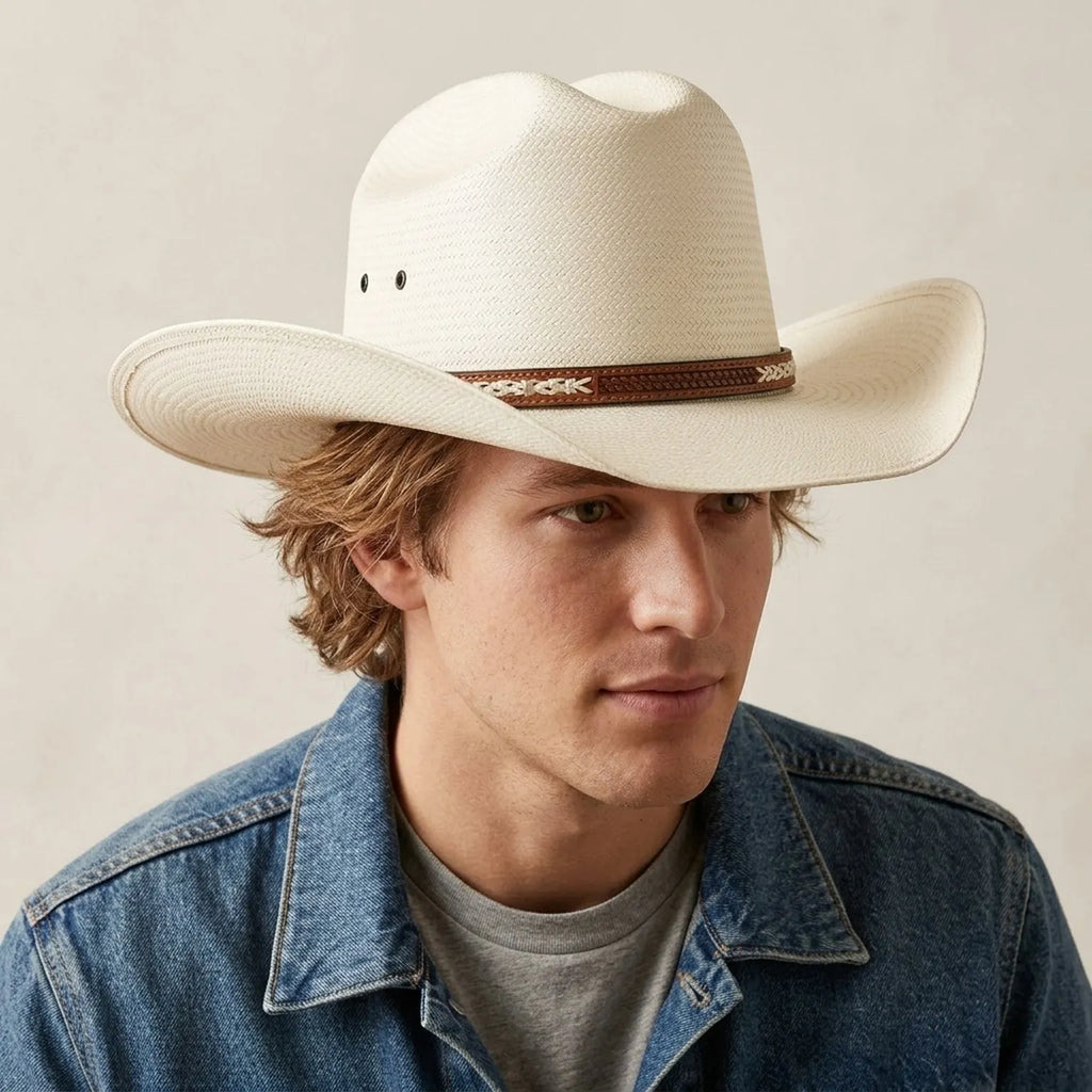 Cream Straw Fedora Hat with Cross-Stitch Leather Hatband