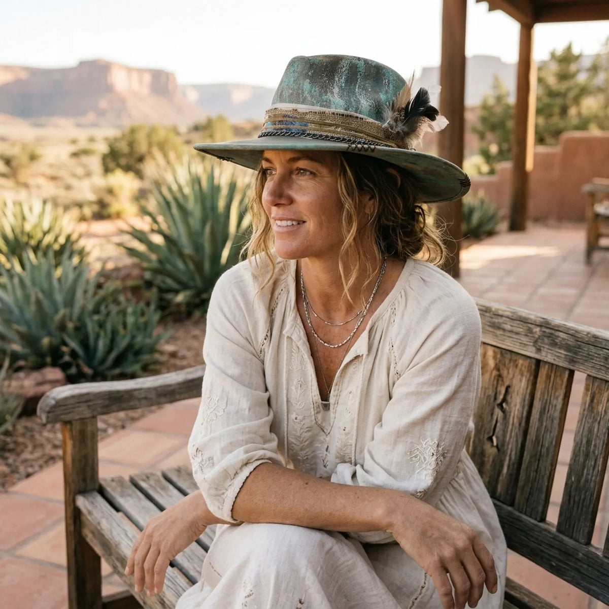 Teal Distressed Fedora with Burlap Bow and Feather Cluster