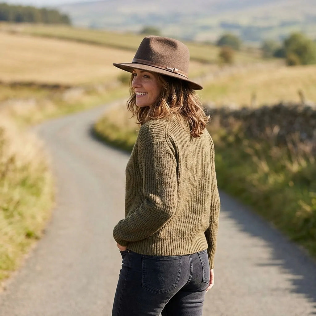 Brown Wool Felt Fedora with Tan Leather Band, Classic Teardrop Shape